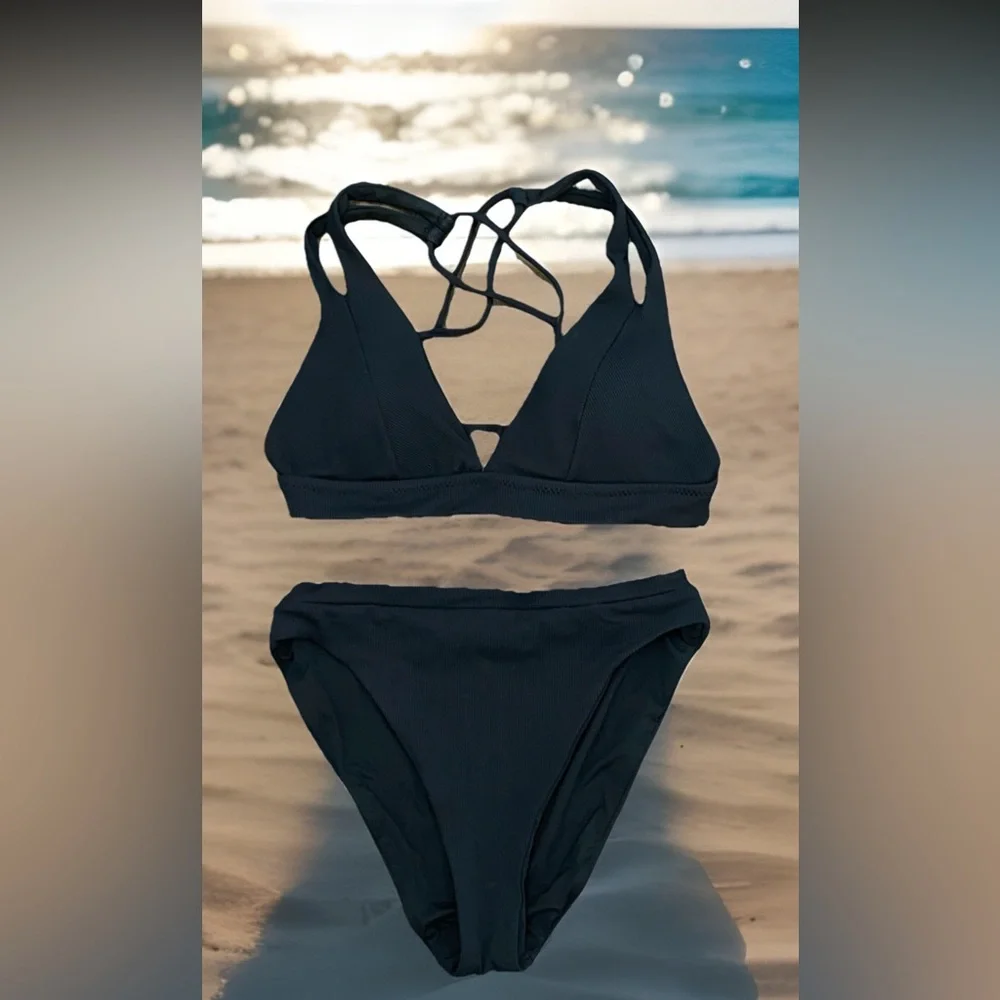 Becca Bikini Ribbed Top Split Strap High Waist French Cut Bottom Sz M/D Cup-2 PC
